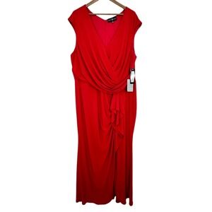 Betsy & Adam Red Cap Sleeve Draped Ruched Gown Dress Plus Size 22W Gala Formal